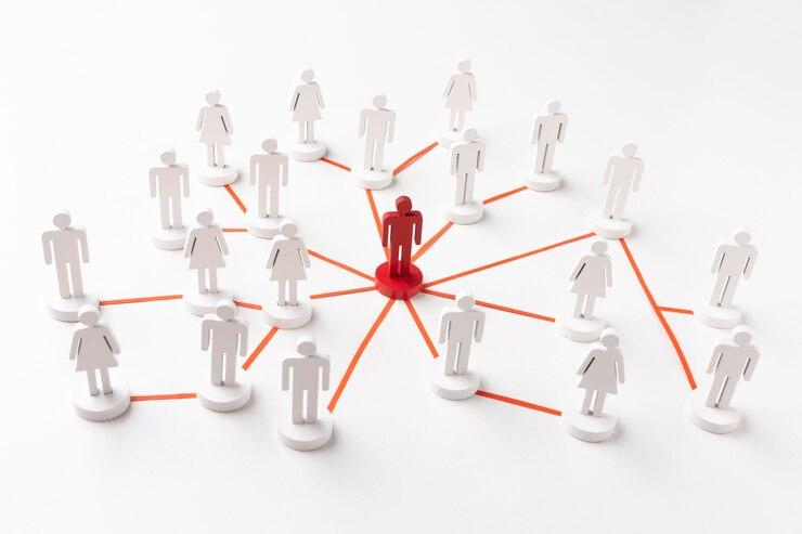 A figure connected to other human figures by red lines