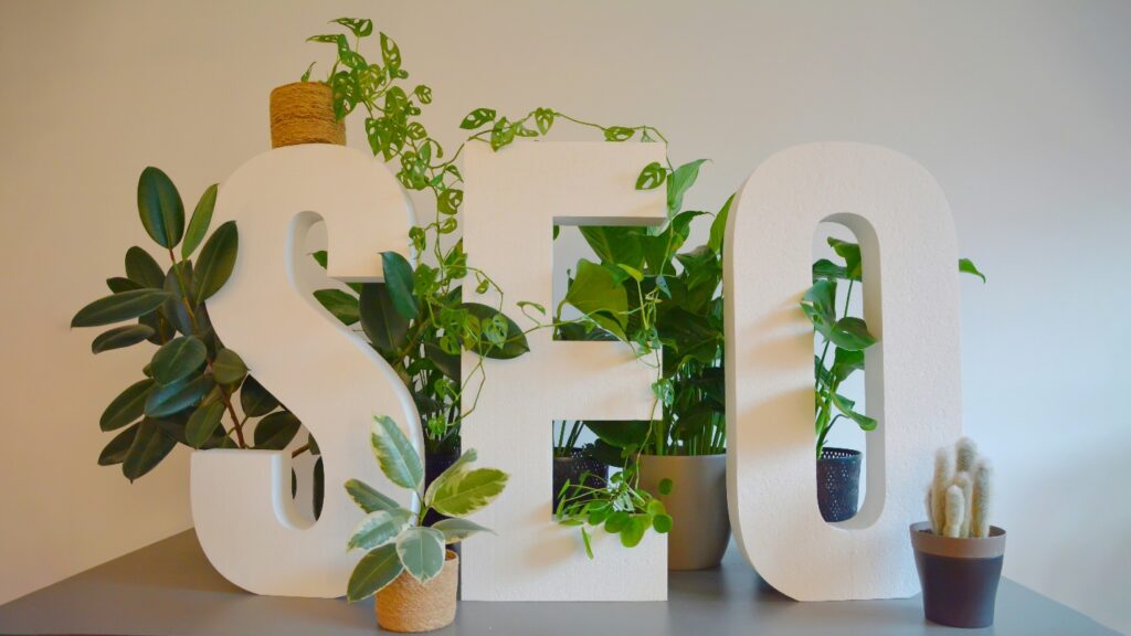 SEO sign next to plants